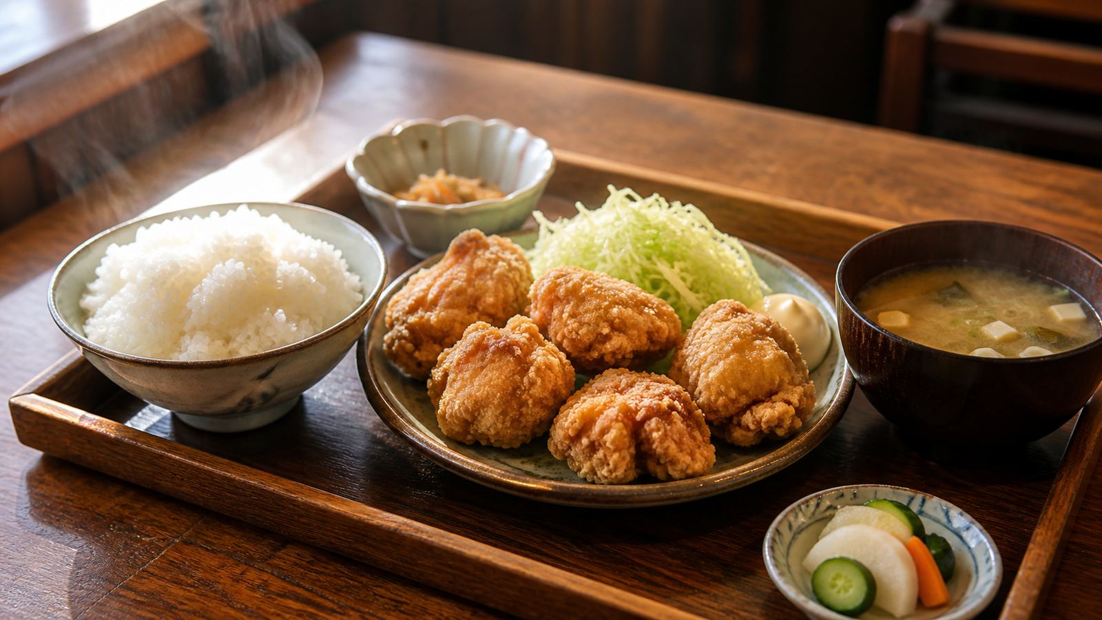 名物からあげ定食。山盛りのごはんから湯気が立つ