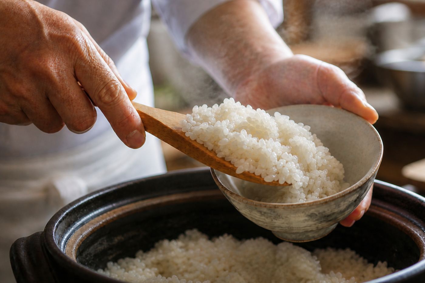 土鍋から炊きたてのごはんをよそう